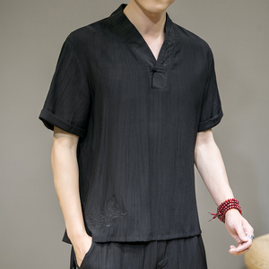 夏新款男原创盘扣宽松唐装衬衣风绣花短袖衬衫灰墙黑C31