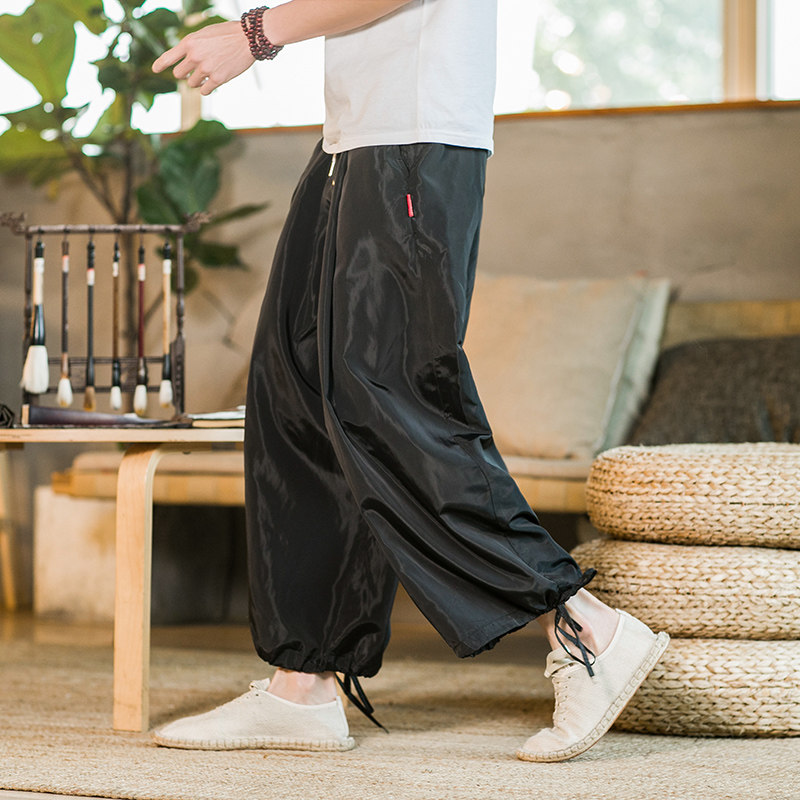 2021春季新款男装风宽松休闲裤液态反光阔腿裤子黑色，男装休闲裤，电商B277(原6028)