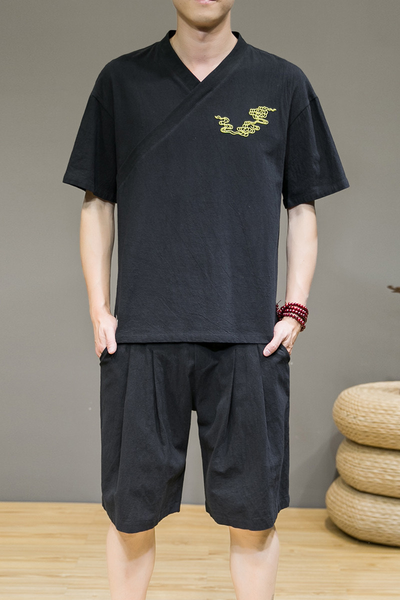 夏季新款男风棉麻套装刺绣两件套短袖+短裤灰墙黑A18,男装休闲套装,电商B277(原6028)