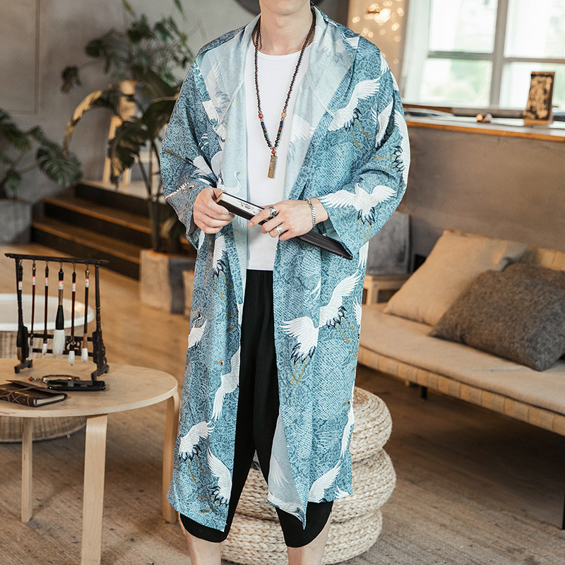 夏季新款风衣中国风男防晒服仙鹤印花长款连帽披风F09-P85咖啡厅,男装风衣,电商B277(原6028)
