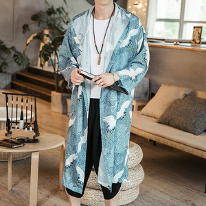 夏季新款风衣中国风男防晒服仙鹤印花长款连帽披风 F09-P85咖啡厅图片
