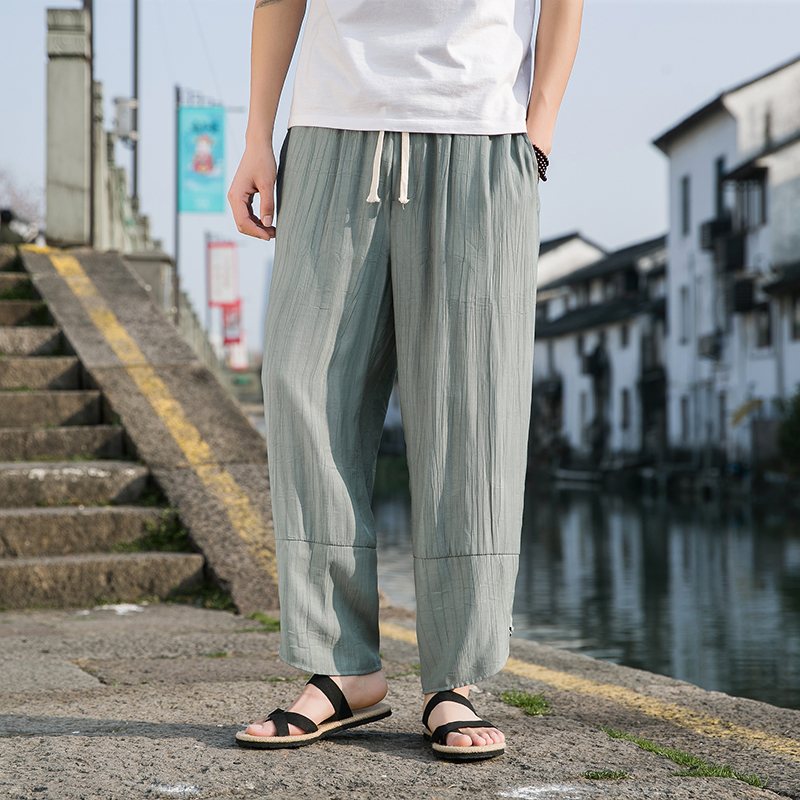 2024春夏新款风长裤大码宽松桃花皱盘扣休闲裤绿色K116-P55，男装休闲裤，电商B277(原6028)