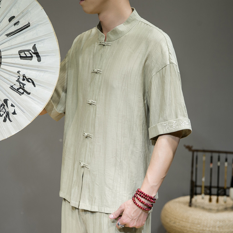 夏新款男风棉麻盘扣冰丝唐装衬衣绣花短袖衬衫灰墙黑C15,男装衬衫,电商B277(原6028)