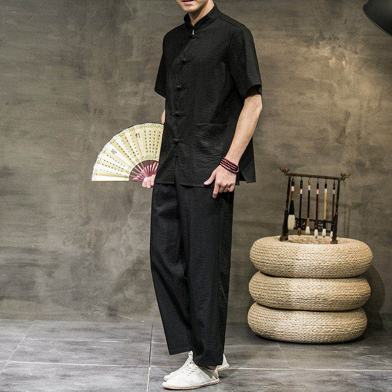 夏季新款男装套装中国风复古冰丝防皱短袖两件套黑墙灰色A13-P75,男装休闲套装,电商B277(原6028)
