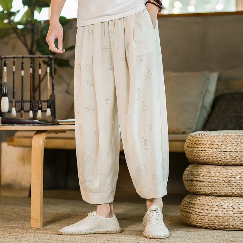 2021春季新款男装中国风宽松休闲裤棉麻透气直筒阔腿裤米K93-P55，男装休闲裤，电商B277(原6028)