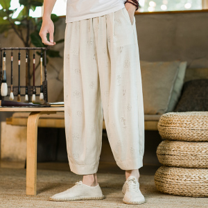2021春季新款男装中国风宽松休闲裤棉麻透气直筒阔腿裤米 K93-P55,男装休闲裤,电商B277(原6028)