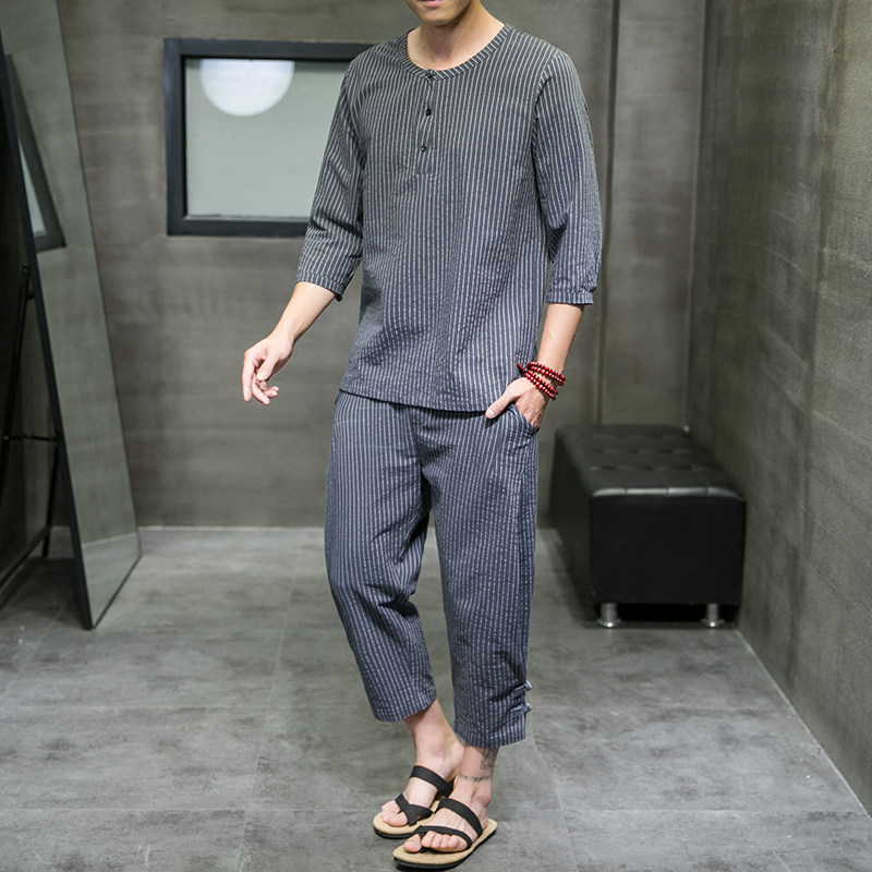夏季新款男中国风棉麻套装盘扣两件套短袖+七分裤黑色A23-P85,男装休闲套装,电商B277(原6028)