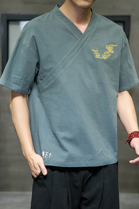 夏季新款男棉麻刺绣宽松唐装衬衣中国风绣花短袖衬衫绿 C11-P35图片