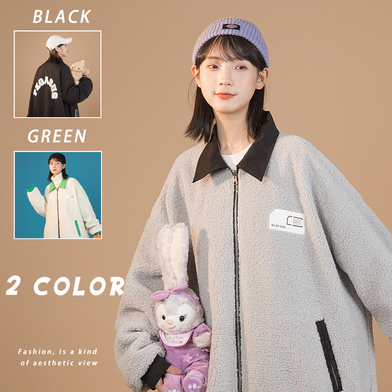 2026冬季新款中性港风羊羔毛双面穿卡棉衣外套黑 GJ26-P125图片