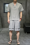 夏新款男中国风天丝套装刺绣冰丝两件套短袖+短裤浅灰A21-P95，男装休闲套装，电商B277(原6028)