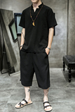 夏季新款男中国风棉麻套装亚麻大码两件套黑色短袖+短裤A05-P85，男装套装，电商B277(原6028)