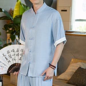 2025春季新款男装盘扣天丝宽松衬衣风唐装短袖衬衫黑 C17-P40图片