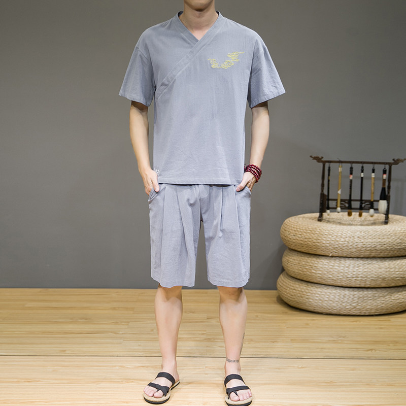 夏季新款男风棉麻套装刺绣两件套短袖+短裤灰墙黑A18,男装休闲套装,电商B277(原6028)