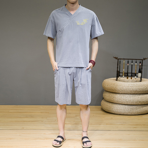 夏季新款男风棉麻套装刺绣两件套短袖+短裤灰墙灰 A18图片