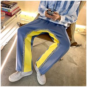 2025春夏新款侧边拉链拼接格子直筒裤休闲裤黑GK66-P65