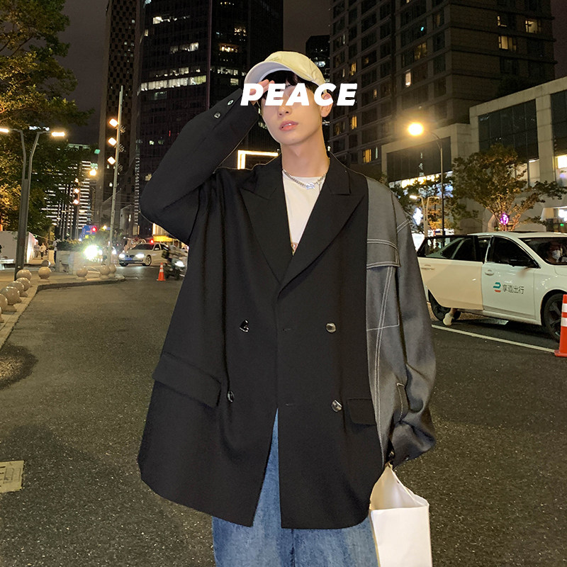 2026秋季新款小西服拼接不对称宽松韩版休闲西服外套黑GX10-P135,男装西服,电商B277(原6028)