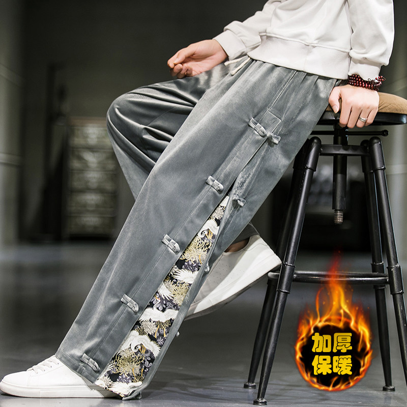 2026冬季新款风丝绒加厚休闲裤盘扣拼接阔腿裤黑K105-P70,男装休闲裤,电商B277(原6028)