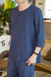 夏季新款男装原创棉麻盘扣宽松衬衣中国风条纹唐装衬衫蓝 C23-P45图片