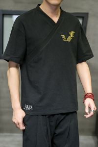 夏季新款男棉麻刺绣宽松唐装衬衣中国风绣花短袖衬衫黑 C11-P35图片