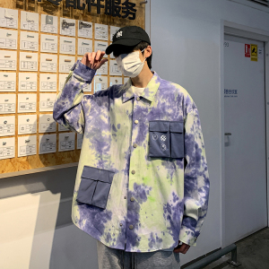 2026秋季新款港風原創(chuàng)襯衣夾克扎染撞色襯衫外套藍色GC08-P75圖片