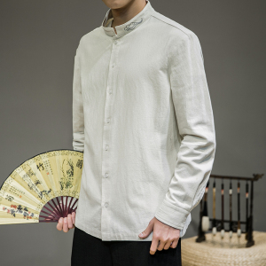 春季新款男装中国风祥云刺绣衬衣大码百搭衬衫灰墙图米白 C08-P45图片