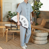 夏季新款男装套装风复古棉麻冰丝防皱短袖两件套藏青A13，男装套装，电商B277(原6028)
