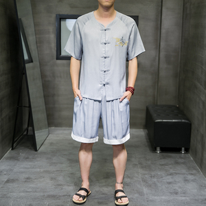 夏季新款男中国风天丝套装刺绣冰丝两件套短袖+短裤灰色A19-P85