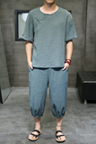 2025春季新款男风冰丝套装盘扣两件套短袖+七分裤绿A22-P95，男装牛仔裤，电商B277(原6028)