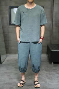 2025春季新款男风冰丝套装盘扣 两件套短袖+七分裤绿 A22-P95图片
