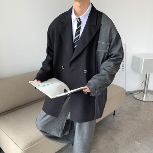 2026秋季新款西服拼接不对称宽松韩版休闲西服外套黑 GX10-P135图片