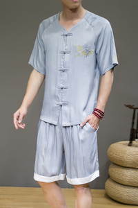 2025春季新款男风天丝套装刺绣两件套冰丝短袖+短裤灰A19-P85图片