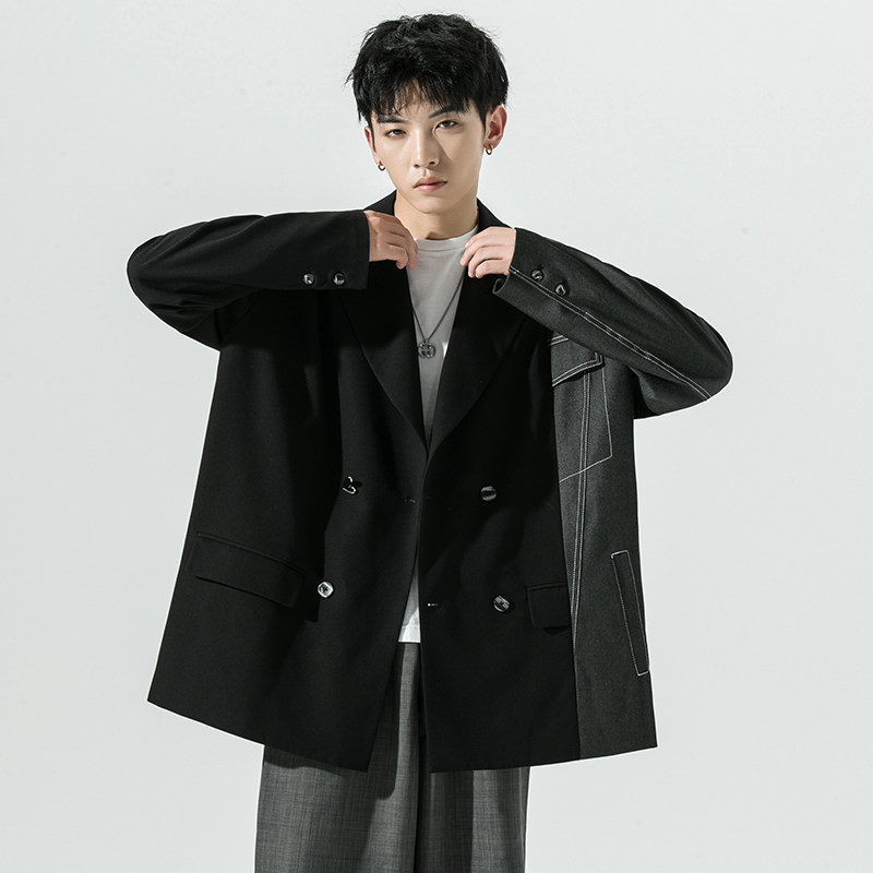 2026秋季新款日系西服拼接不对称宽松休闲西服外套黑GX10-P135,男装西服,电商B277(原6028)