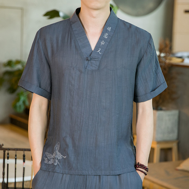 夏新款男装原创盘扣宽松唐装衬衣中国风绣花短袖衬衫深灰C31-P55,男装衬衫,电商B277(原6028)