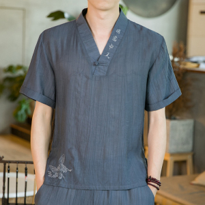 夏新款男装原创盘扣宽松唐装衬衣中国风绣花短袖衬衫深灰C31-P55,双羊绒大衣怎么搭配图片