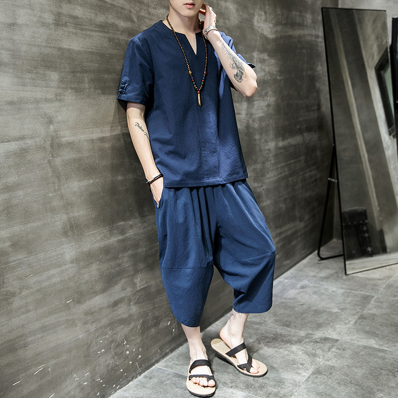 中国风男棉麻套装盘扣大码两件套藏青短袖+短裤A06-P85可分开销售，男装套装，电商B277(原6028)
