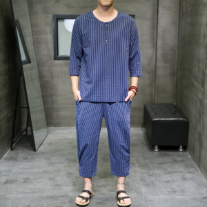 夏季新款男中国风棉麻套装盘扣两件套短袖+七分裤黑色 A23-P85图片