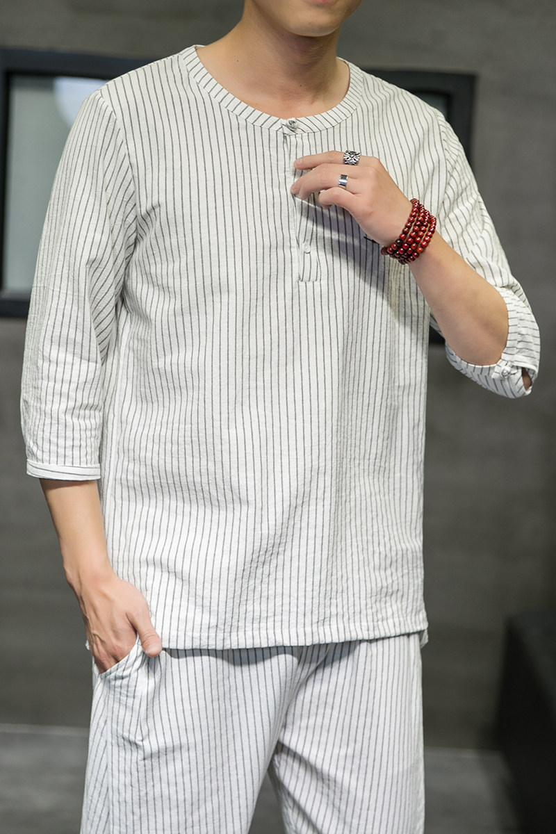 夏季新款男原创盘扣宽松衬衣中国风条纹唐装衬衫白色C23-P45,男装衬衫,电商B277(原6028)