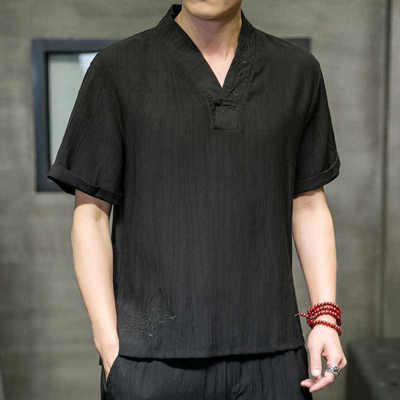 夏季新款男原创盘扣宽松唐装衬衣中国风绣花短袖衬衫浅灰C31-P55,男装衬衫,电商B277(原6028)