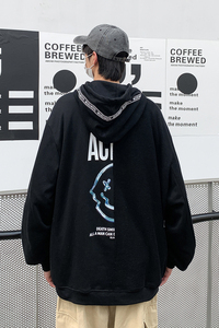 2026秋季新款男裝衛(wèi)衣原創(chuàng)中性港風連帽拼接上衣外套黑色GW04-P70圖片