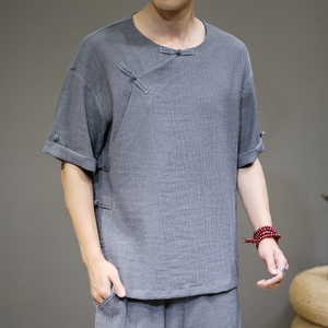 夏新款男冰丝抗皱宽松唐装衬衣风盘扣短袖衬衫灰墙绿 C18图片