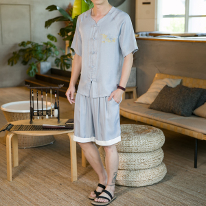 夏季新款男装中国风天丝套装 刺绣冰丝两件套短袖+短裤蓝 A19-P85图片