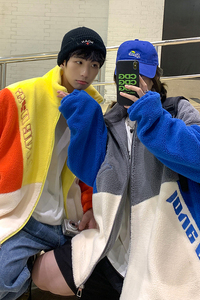 2026冬季新款港风撞色拼接卫衣羊羔毛外套情侣男女夹克 GJ30-P105图片