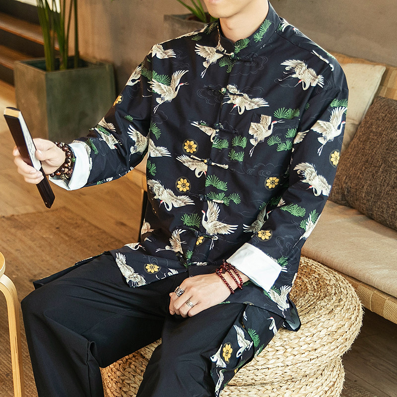 2021秋季新款男装中国风仙鹤印花衬衫盘扣唐装外套上衣C05-P70,男装衬衫,电商B277(原6028)