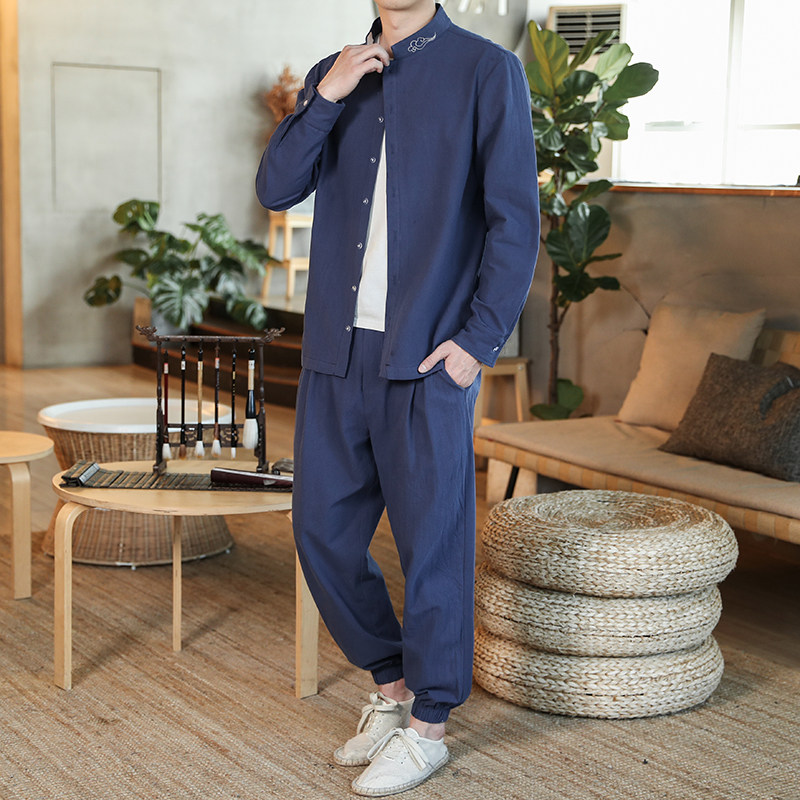 春季新款男装套装风复古棉麻祥云刺绣大码两件套藏青A17，男装套装，电商B277(原6028)