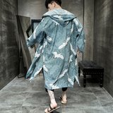 2021夏季新款风衣中国风男防晒服仙鹤印花长款连帽披风F09-P85，男装风衣，电商B277(原6028)
