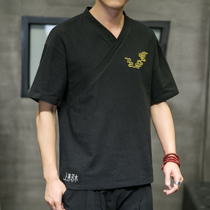 夏季新款男棉麻刺绣宽松唐装衬衣中国风绣花短袖衬衫黑 C11-P35图片