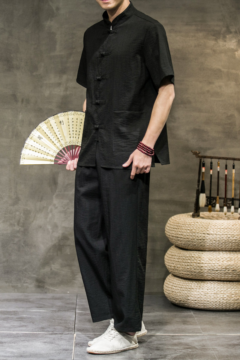 夏季新款男装套装中国风复古冰丝防皱短袖两件套黑墙黑色A13-P75,男装休闲套装,电商B277(原6028)