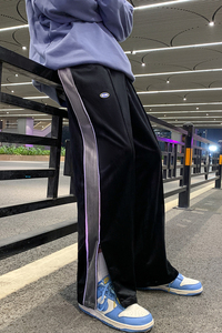 2025春夏新款加厚保暖丝绒发光开衩拼接直筒裤休闲裤黑 GK67-P55图片