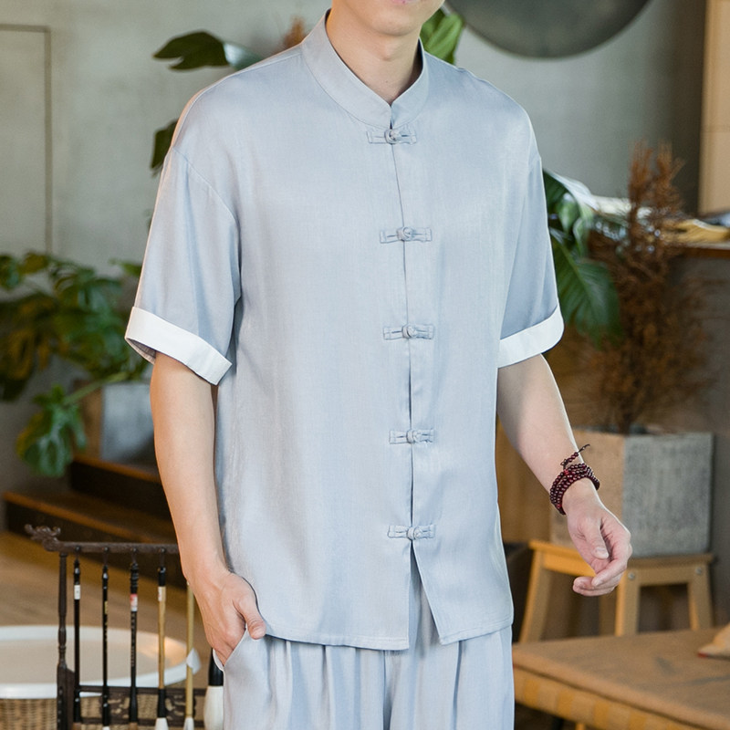 2025春季新款男装盘扣天丝宽松衬衣风唐装短袖衬衫黑C17-P40,男装T恤,电商B277(原6028)