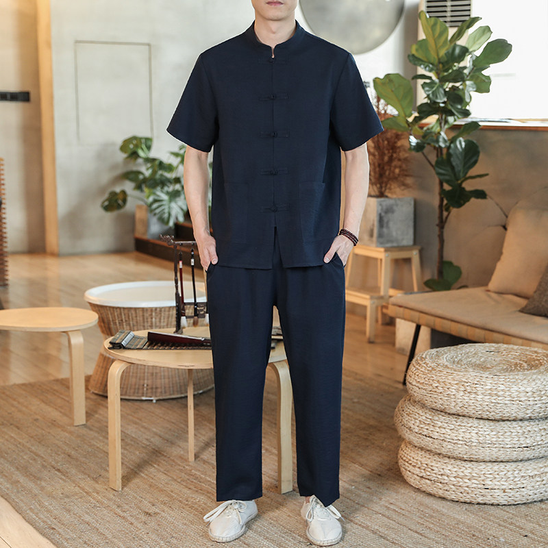 2025夏季新款男装套装风复古棉麻冰丝防皱短袖两件套A13-P75,男装T恤,电商B277(原6028)
